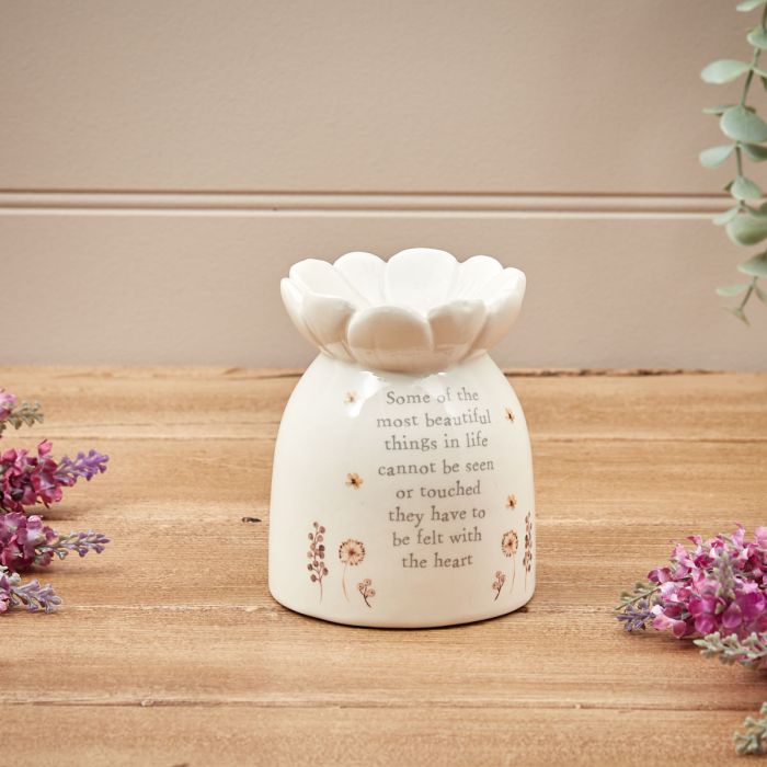 SENTIMENT WAX MELT BURNER WHITE CERAMIC WITH DANDELIONS - Carly's candles & wax melts