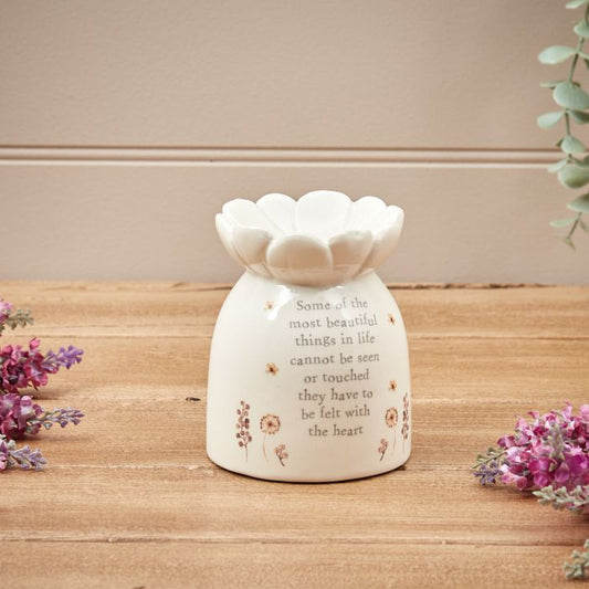 SENTIMENT WAX MELT BURNER WHITE CERAMIC WITH DANDELIONS - Carly's candles & wax melts