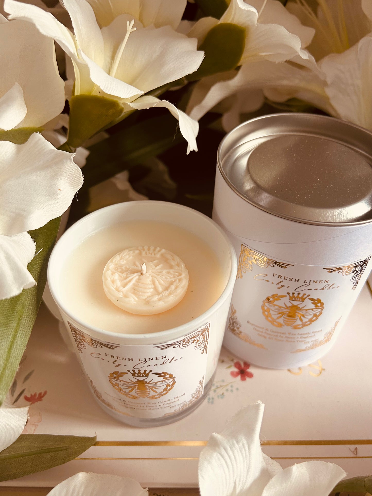 Fresh linen luxury rapeseed & coconut blend candle (without lid) - Carly's candles & wax melts